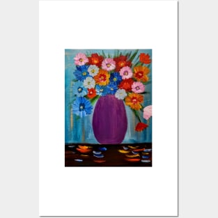 A lovely mixed of colorful flowers in a metallic purple vase Posters and Art